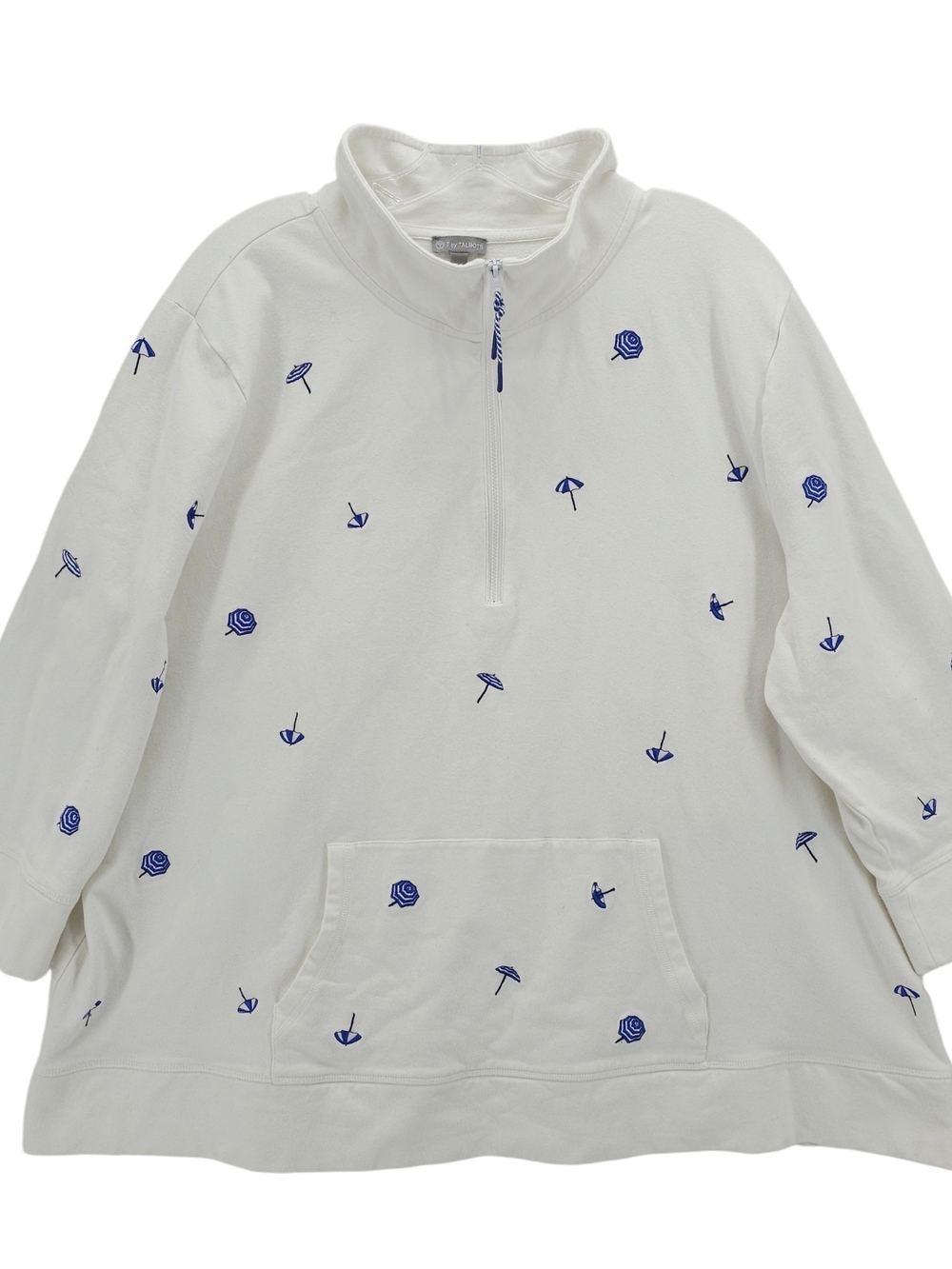 TALBOTS 1/4 Zip Pullover White Blue Embroidered Cotton Blend Size 3X